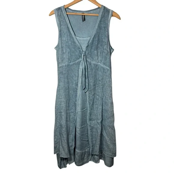 INIZIO | Sleeveless Sea Blue Tier Dress with Tie-Front Linen Over Cardi size XL - Picture 2 of 12
